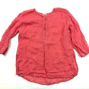 Eileen Fisher Linen Half Button Blouse Pink Coral Stripe Shirt
